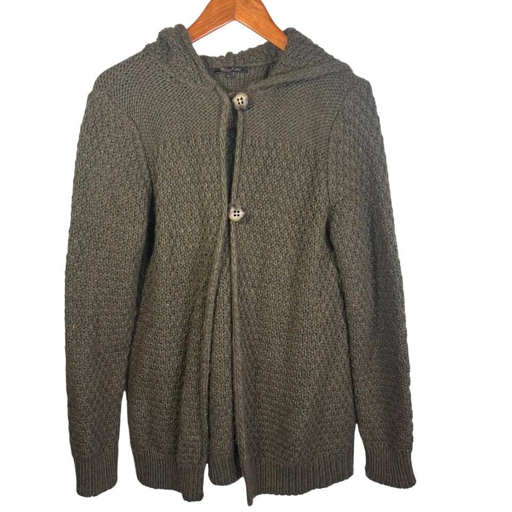 Elisabetta Alpaca Wool Hooded Cardigan Chunky Knit Toggle Sweater L Green